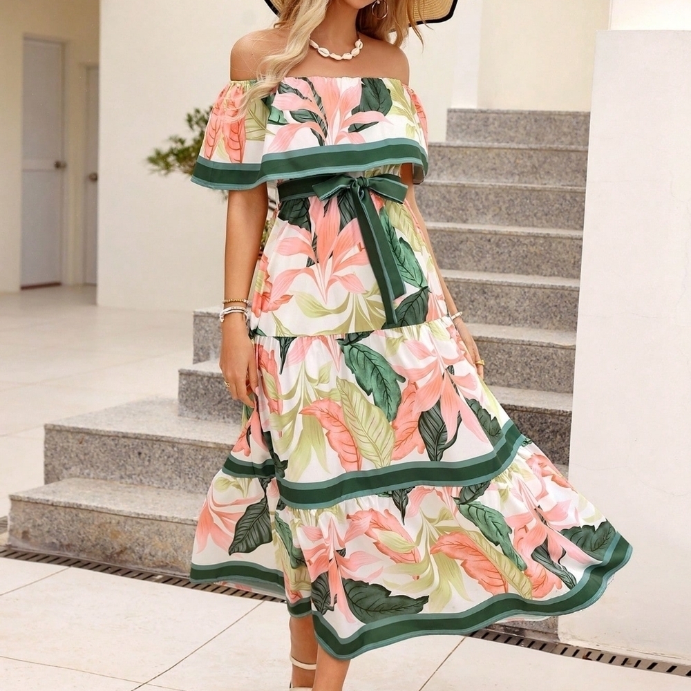 Color Block Striped Plant Printed Off Shoulder Dress - Picture 5 of 7